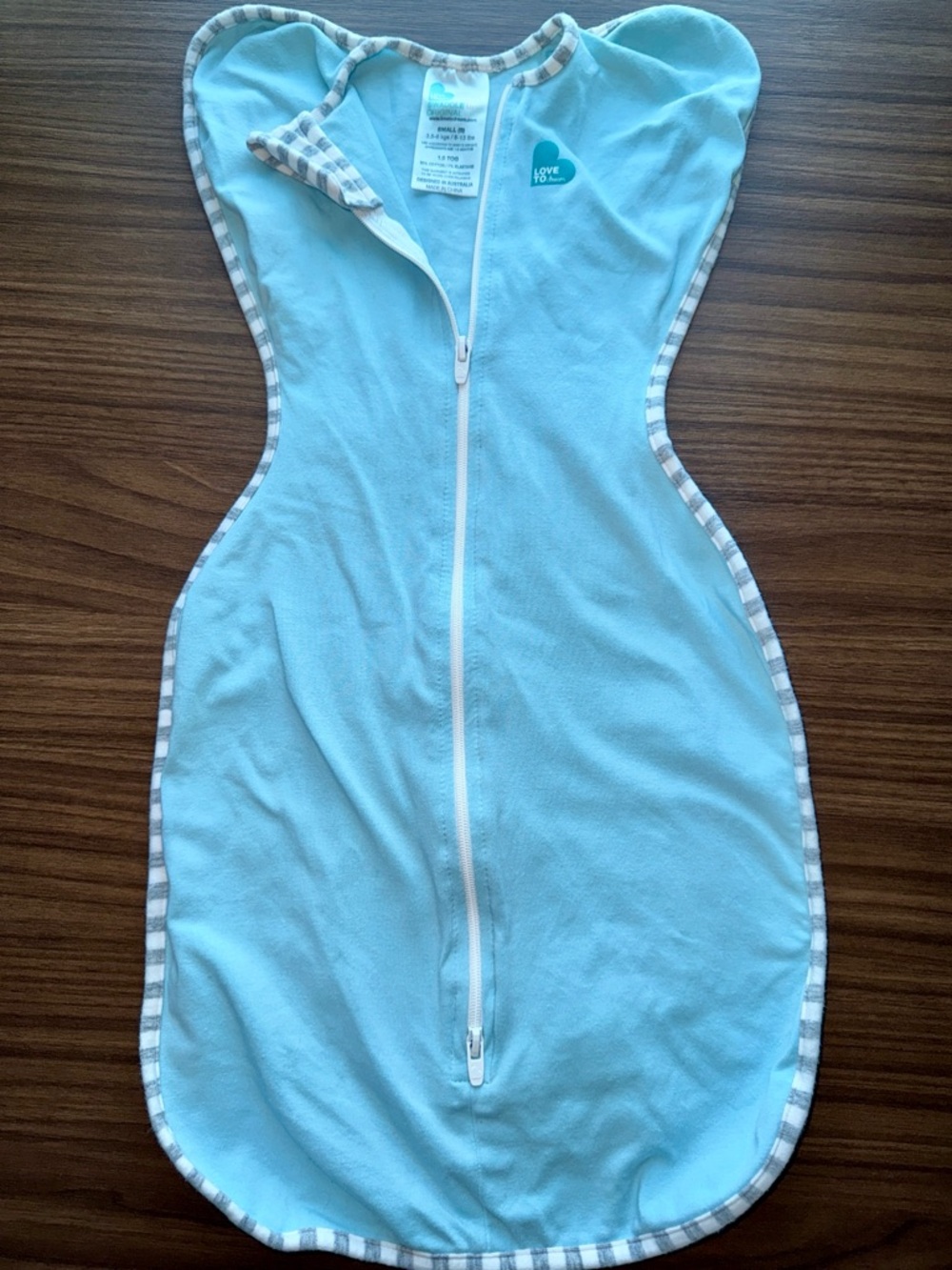 Love to dream Blue Baby Swaddle with Gray Stripe Trim